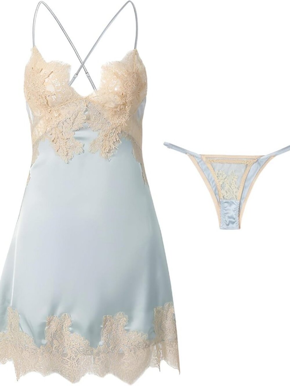 Elegant Backless Satin Babydoll Lingerie Dress with Floral Lace & Tong Set